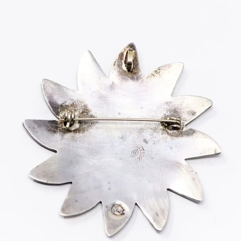 Vintage Abalone & Onyx Sterling Silver Flower Brooch Pin Taxco Mexico signed AHM